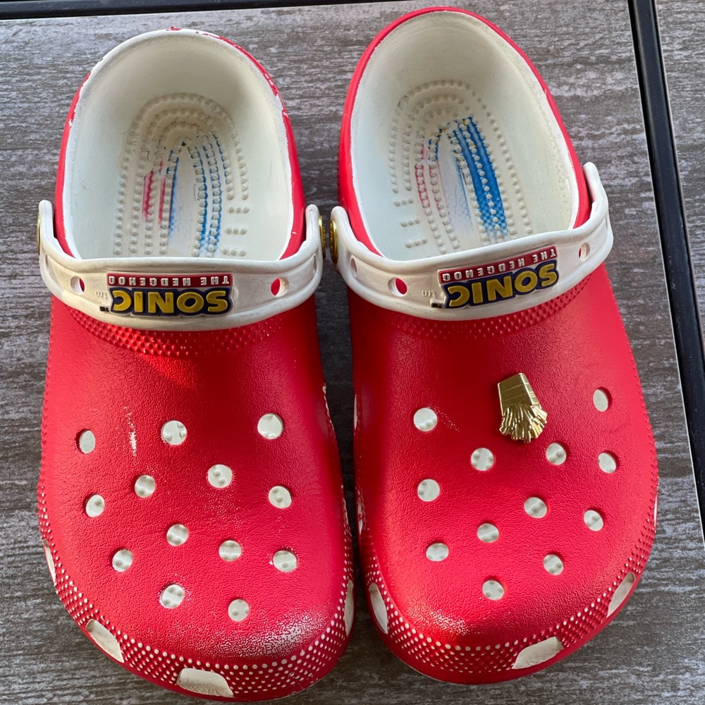 CROCS Red and White Sandals with Playful Design